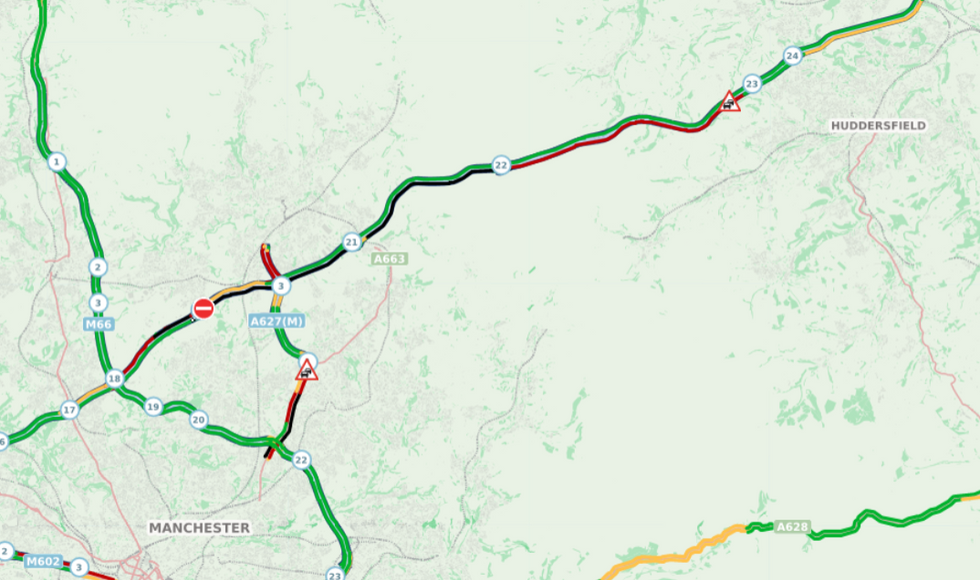 Traffic map showing delays on the M62