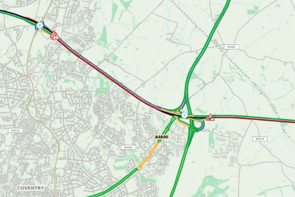 Traffic map showing heavy congestion along the M6 following a six-vehicle crash