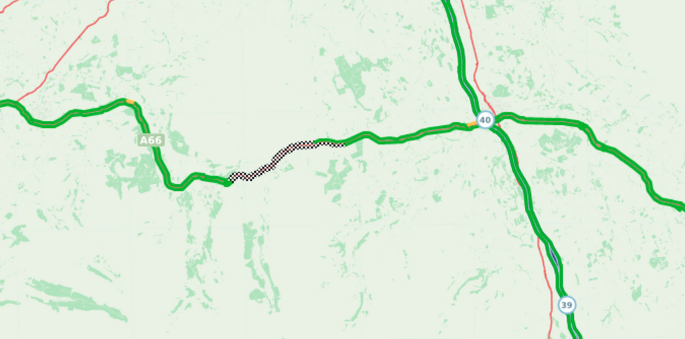 Traffic maps from the A66 show that the road remains closed