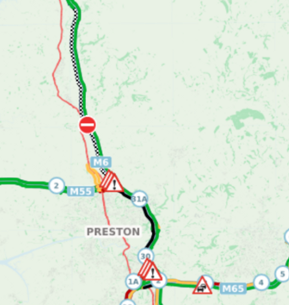 Traffic maps showing the extent of the congestion along the M6