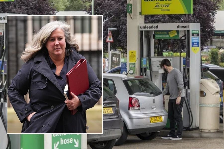 Transport Secretary Heidi Alexander and a man filling up his car at a petrol station