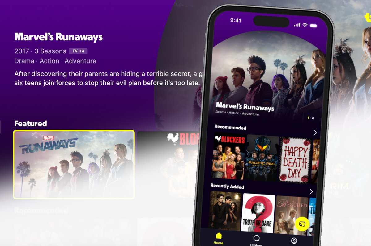 tubi is an ad-supported streaming service pictured on an iPhone with tiles of featured shows in the background too 