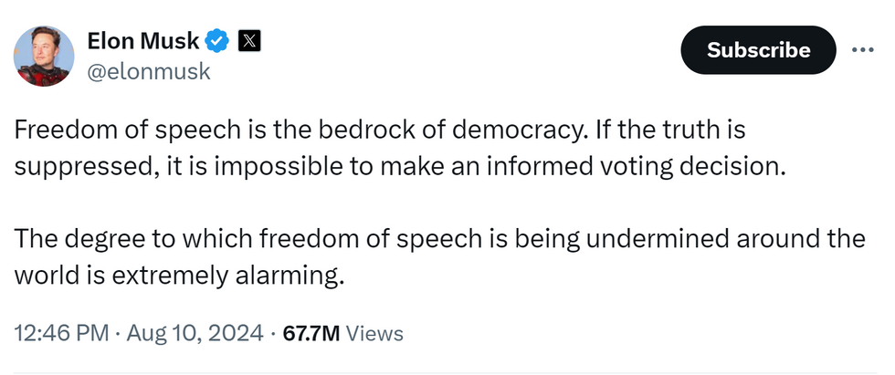 Tweet from Elon Musk about free speech