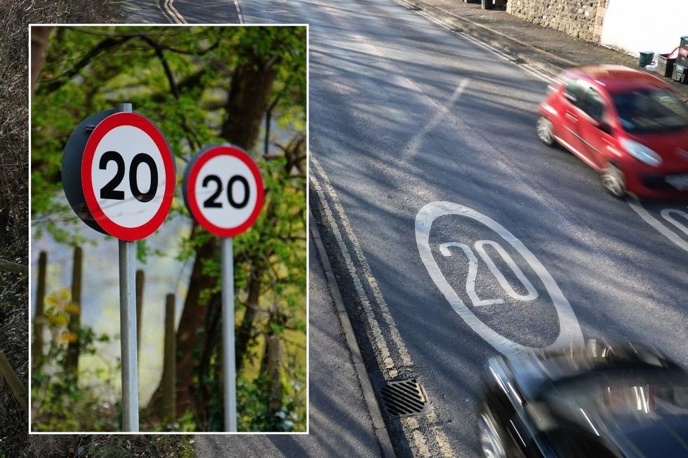 Two 20mph speed limit signs and a 20mph road