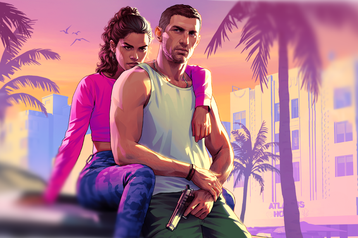 two main characters from the upcoming gta 6 release pictured sitting on the bonnet of a car in the city of Vice City, where the PS5 game will be set 