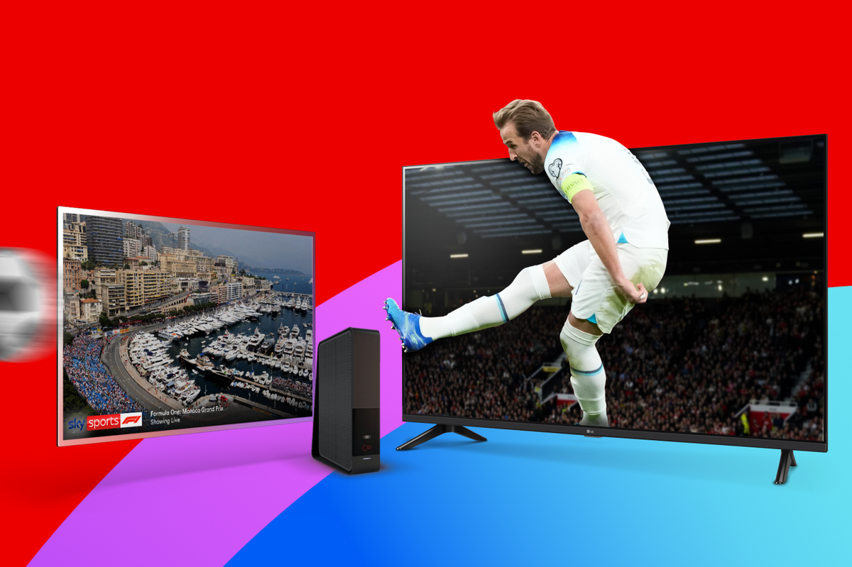 two televisions showing Sky Sports with a Virgin Media Wi-Fi router in the centre and Harry Kane kicking a ball 