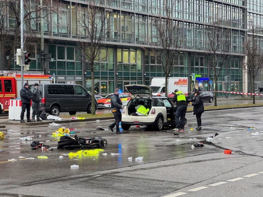 \u200b A view of the scene after a car plowed into a crowd in the southern German city of Munich on February 13, 2025