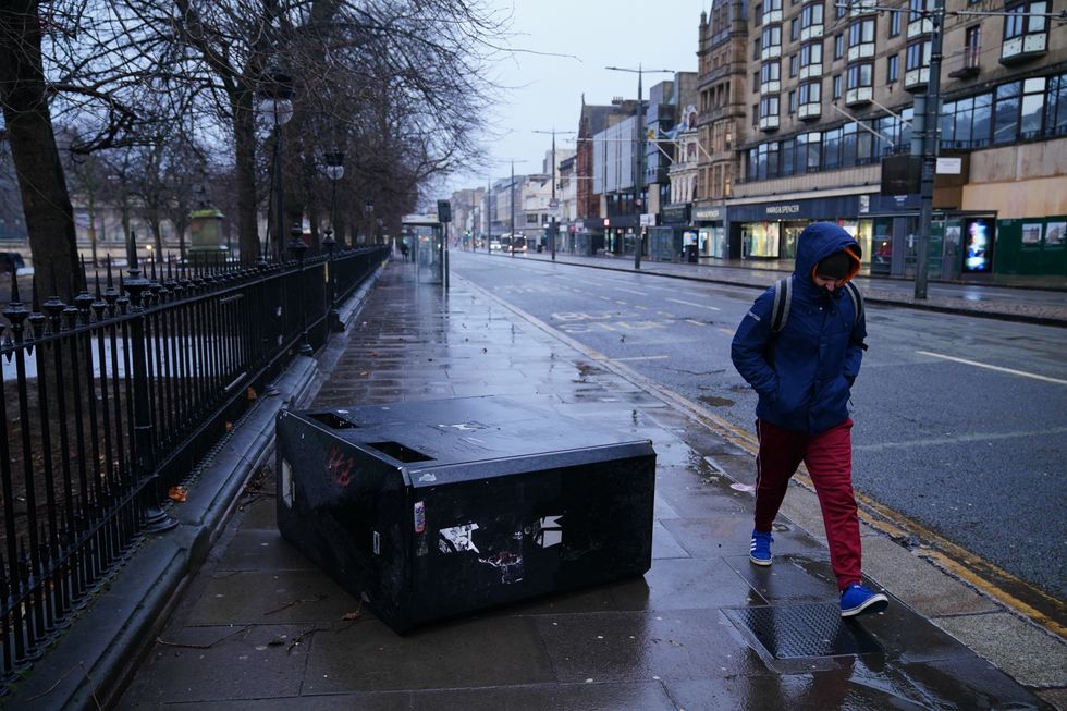 u200b bins blown over by the winds from Storm Eowyn on Princes Street