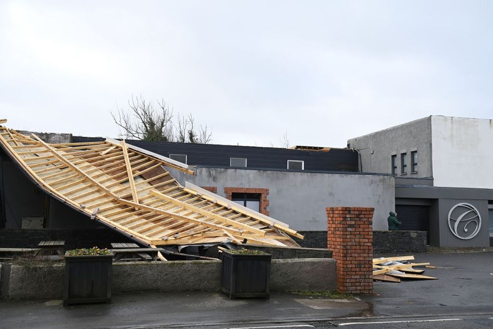 u200b: Damaged roof at the Chimney Corner Hotel seen in Mallusk, on January 24, 2025 near Belfast