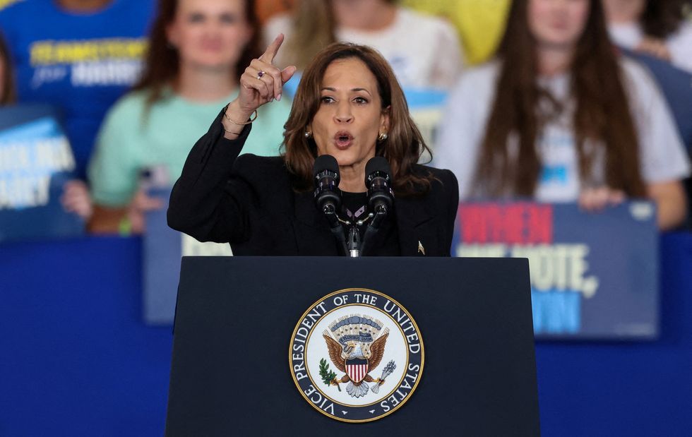 \u200b Democratic presidential nominee Kamala Harris speaks during a rally at Coastal Credit Union Music Park at Walnut Creek, in Raleigh, North Carolina