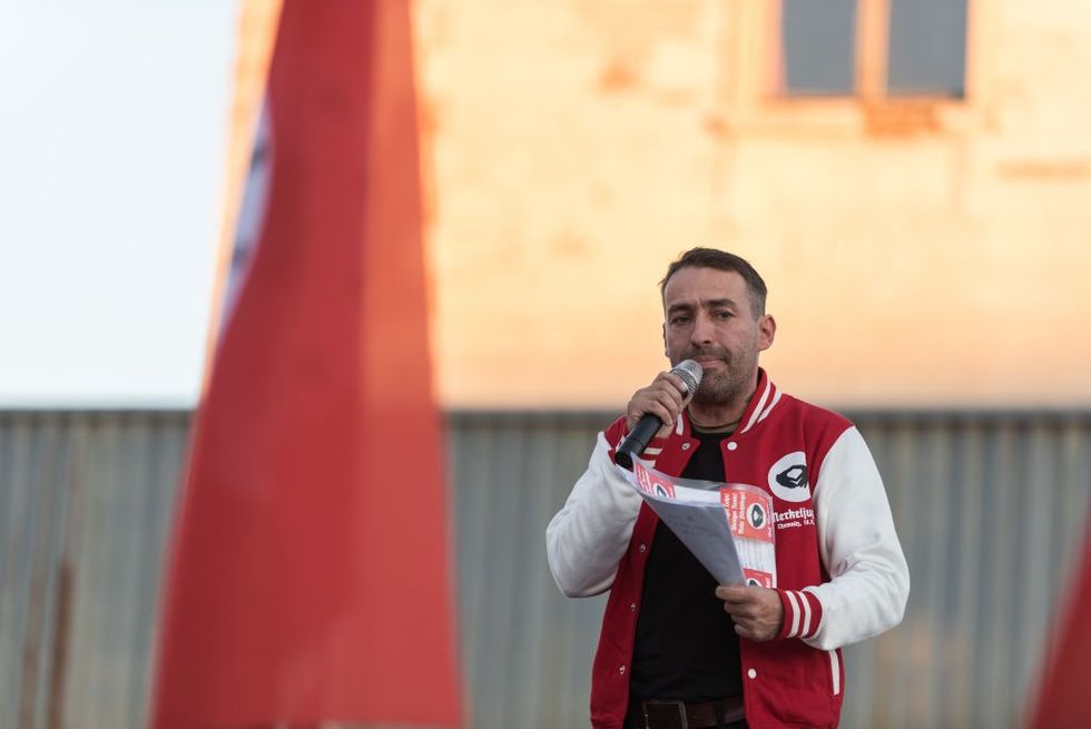 u200b Sven Liebich seen speaking during a protest against Merkel's visit to Chemnitz, Deutschland