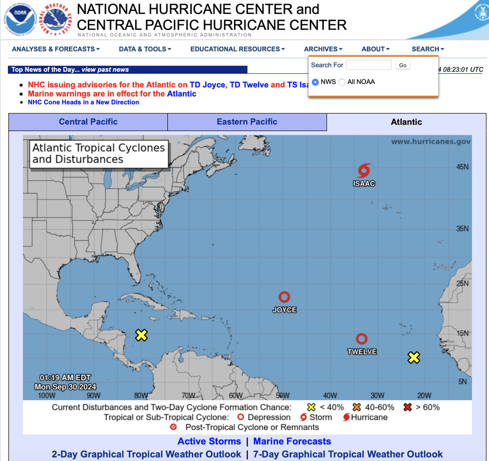 u200bu200bNOAA map shows hurricane and storm disturbances in Atlantic