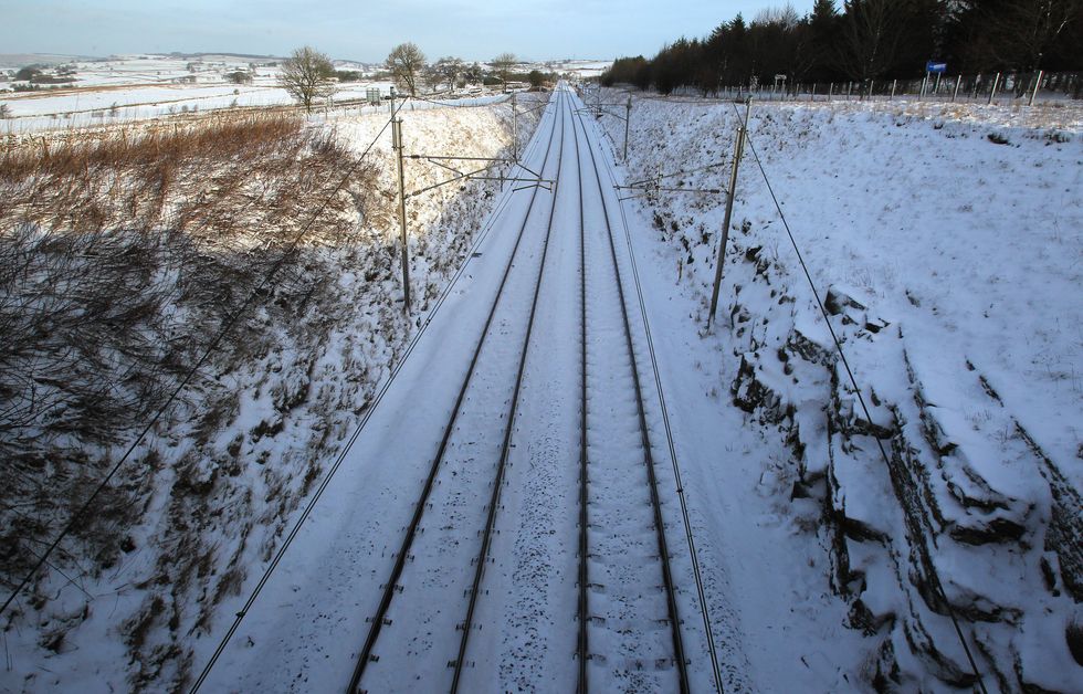 u200bA general view of the railway lines covered in snow in Shap, Cumbria