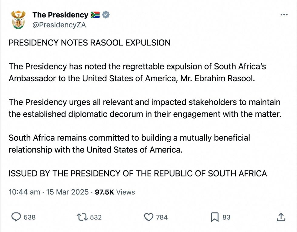 \u200bA screenshot shows a post from the South African presidency regarding the expulsion Rasool