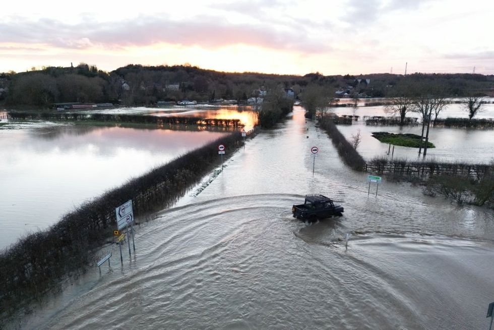 u200bA vehicle makes its way through flood water on January 06, 2025 in Mountsorrel