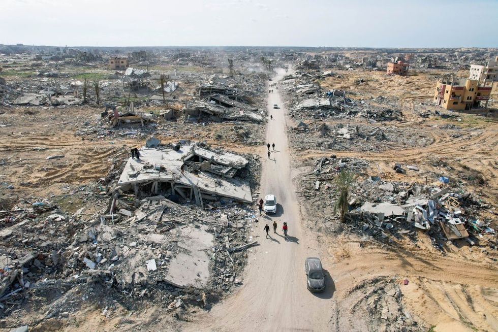 u200bAn aerial view shows the ruble of destroyed residential buildings, the streets and avenues after the Israeli bombardment left a huge destruction at Tel Al-Sultan area