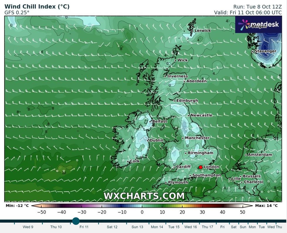 \u200bAn Arctic wind chill will reach the south of Britain