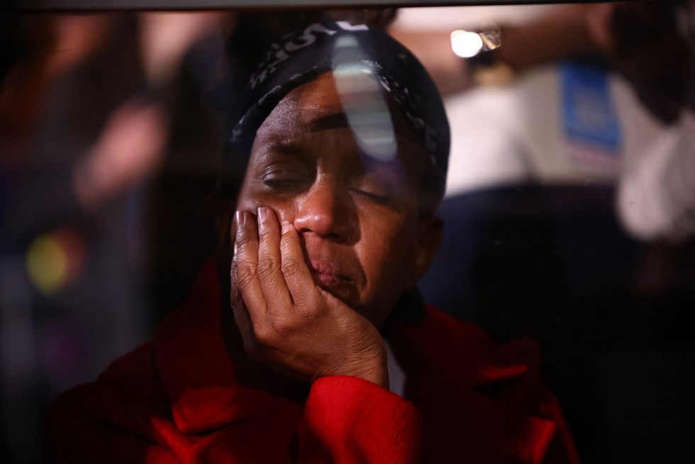 u200bAn attendee reacts at the Election Night rally for Democratic presidential nominee US Vice President Kamala Harris