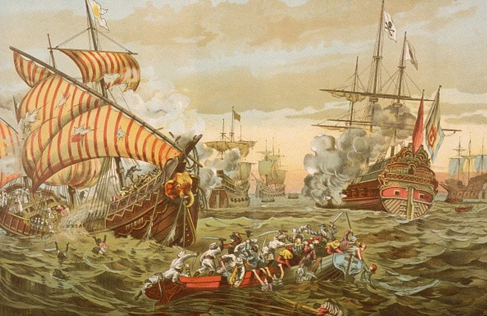 u200bAn illustration depicts the destruction caused by Portuguese explorer Vasco da Gama