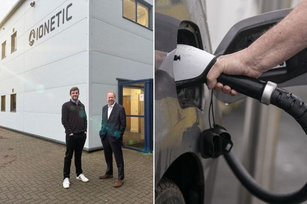 \u200bCEO & Co-Founder James Eaton with Chairman Dr Andy Palmer outside the new Brackley factory and an EV charger