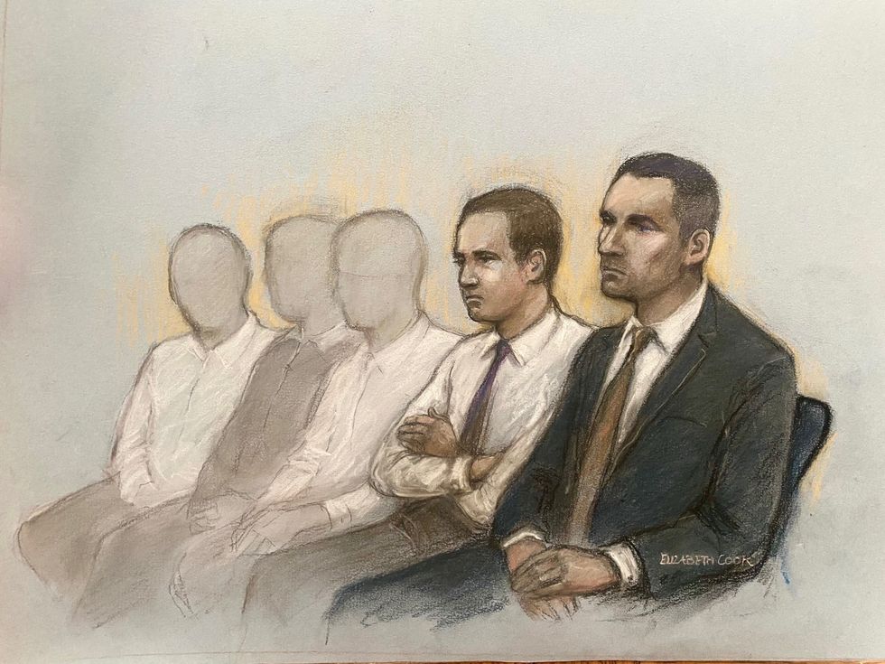 u200bCourt artist drawing by Elizabeth Cook of Antony Snook (right) sitting beside Riley Tolliver, 18, and teenagers aged 15, 16 and 17, who cannot be named for legal reasons