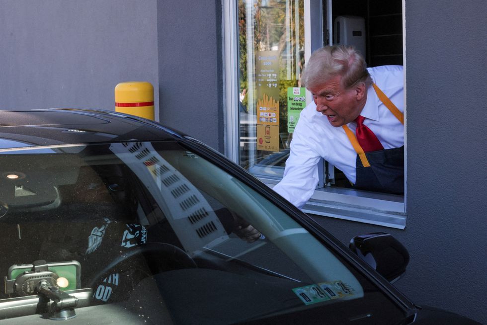 u200bDonald Trump speaks to voters from a drive-through window