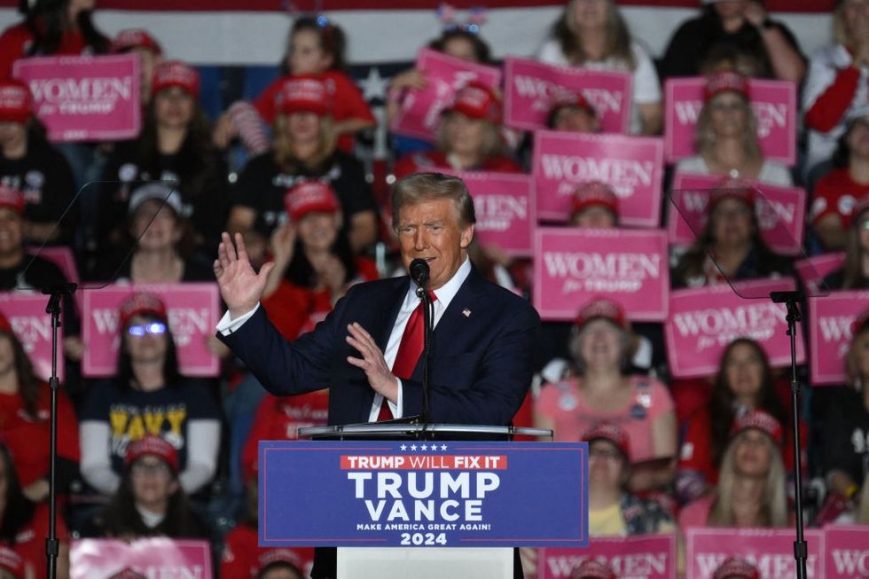 u200bFormer US President and Republican presidential candidate Donald Trump speaks during a campaign rally at the Santander arena in Reading, Pennsylvania