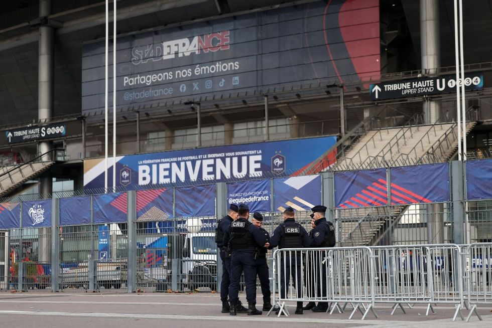 u200bFrench riot policemen outside the Stade-de-France in Paris ahead of tonight's match