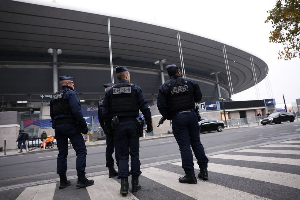 \u200bFrench riot policemen stand guard in front the Stade-de-France