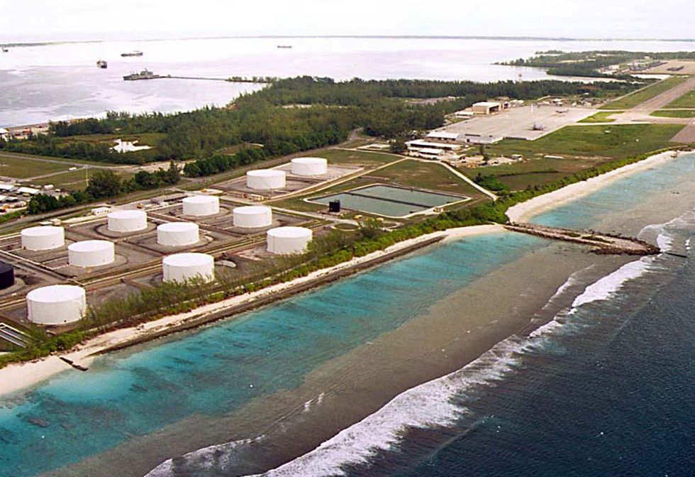 \u200bFuel tanks at the edge of a military airstrip on Diego Garcia, largest island in the Chagos