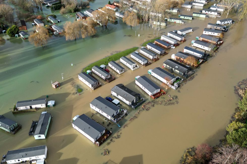 u200bHoliday homes at the Billing Aquadrome in Northampton surrounded by water due to rising water caused by Storm Henk in January