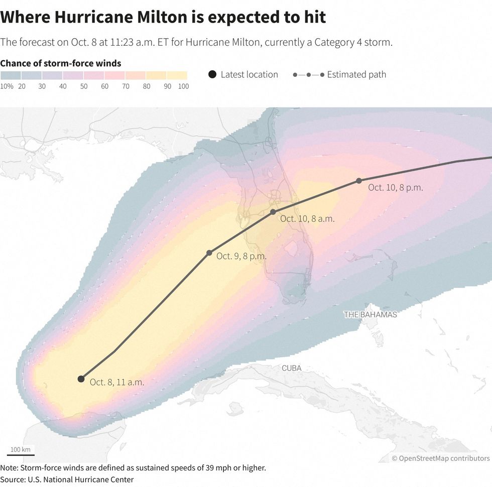 u200bInfographic showing where and when Hurricane Milton will strike