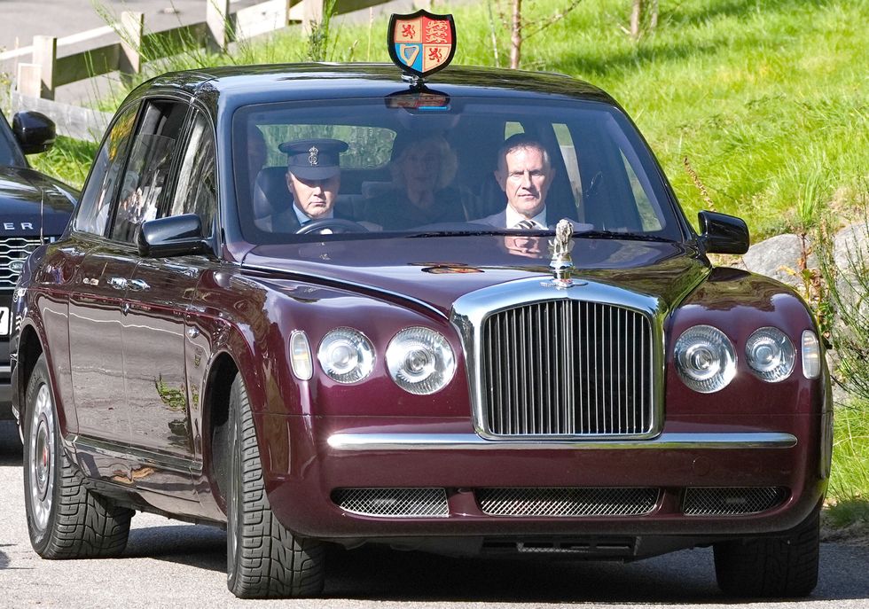 u200bKing Charles III and Queen Camilla arrive at Crathie Kirk, near Balmoralu200b