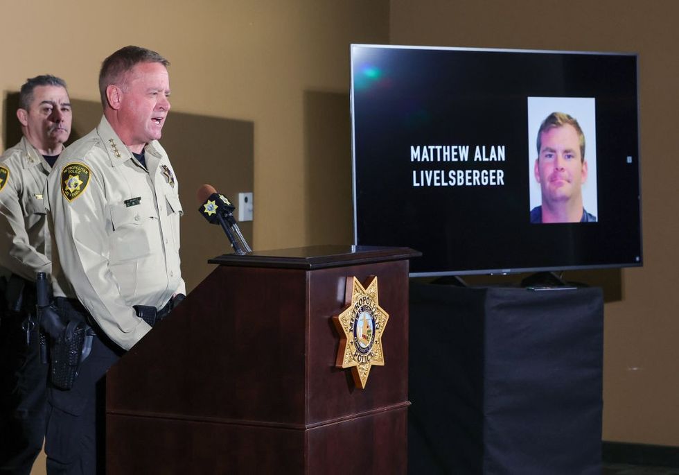 \u200bMatthew Alan Livelsberger driver\u2019s license photo is displayed on a monitor as Las Vegas Metropolitan Police Department Sheriff Kevin McMahill holds a press conference