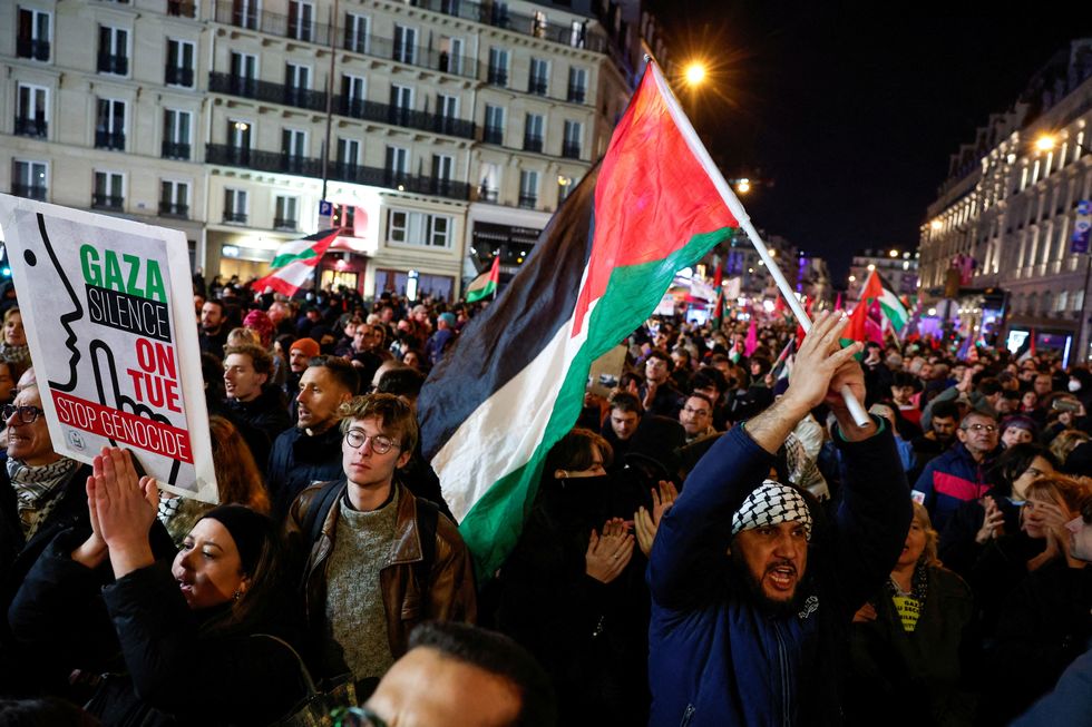 u200bPeople attend a demonstration in support of Palestinians, ahead of UEFA Nations League France-Israel soccer match