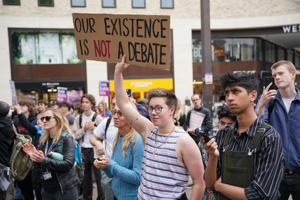 \u200bPeople protest in Oxford before the appearance of Professor Kathleen Stock