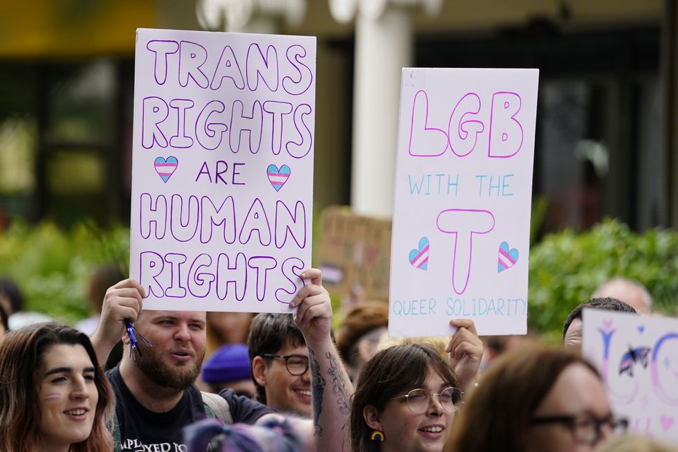 u200bPeople take part in a Trans Pride protest march in Brighton.