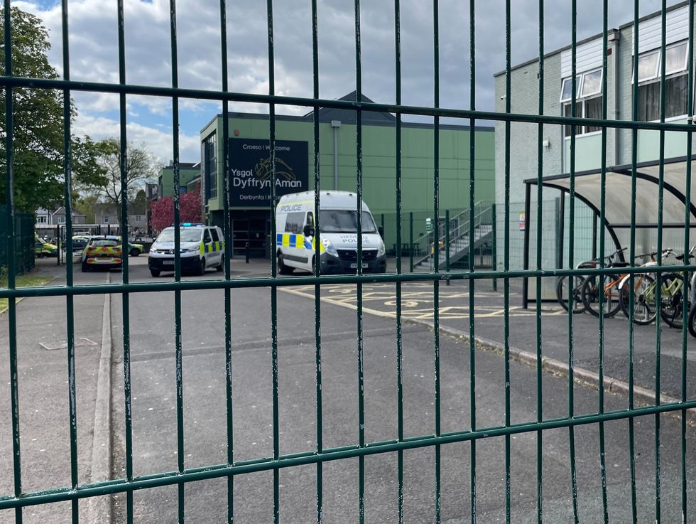 u200bPolice vehicles at the scene of Amman Valley school, in Ammanford, Carmarthenshire