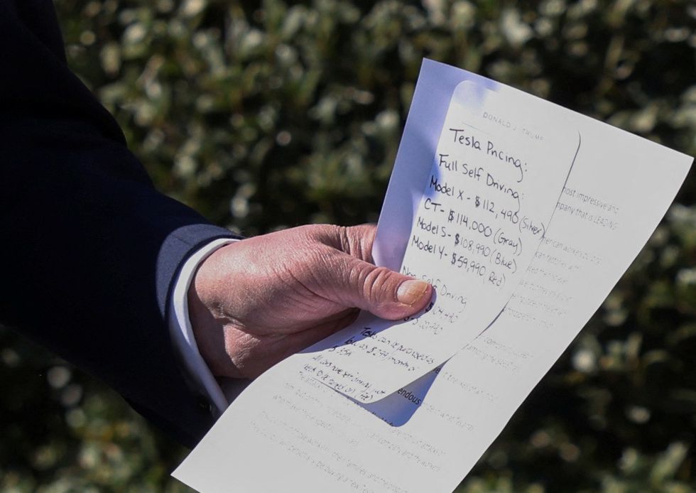 u200bPresident Donald Trump with notes during his Tesla showcase on the White House lawn with Elon Musk