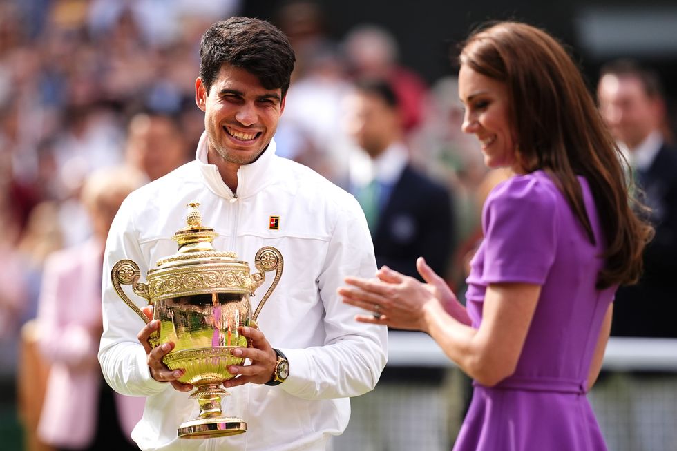 u200bPrincess Kate presenting the Wimbledon Men's Singles trophy to Spaniard Carlos Alcaraz