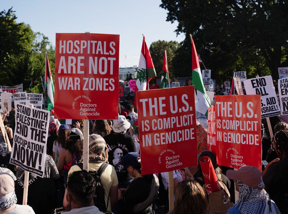 \u200bPro-Palestinian protesters rally ahead of the October 7 attack anniversary, amid the Israel-Hamas conflict, outside the White House in Washington