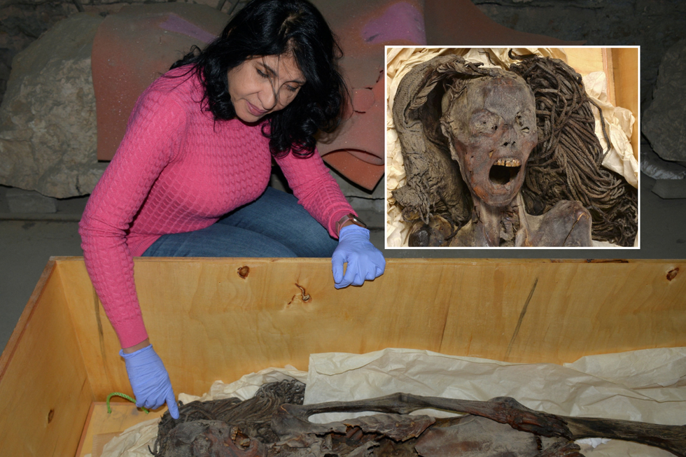 u200bProfessor Sahar Saleem examines the mummy