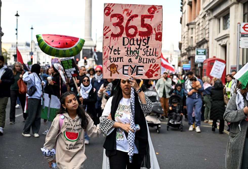 u200bProtesters take part in a demonstration in support of Palestinians in Gaza, ahead of the October 7 attack anniversary, amid the ongoing Israel-Hamas conflict, in London