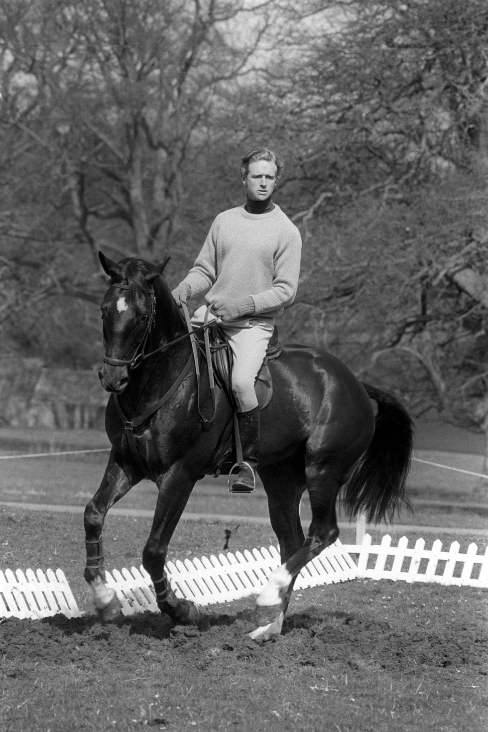 \u200bRichard Meade on Laurieston in the dressage exercise ring at Badminton during the horse trails