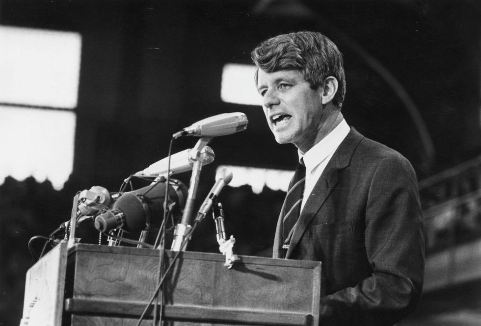 u200bSenator Robert Kennedy speaking at an election rally