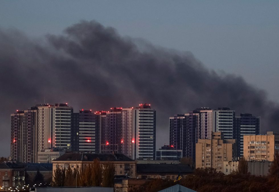 \u200bSmoke rises in the sky over the city after a Russian drone strike in Kyiv