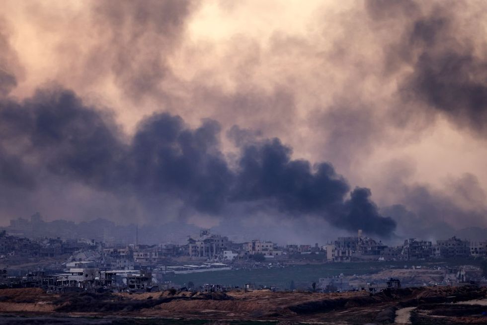 u200bSmoke rising above destroyed buildings in the northern Gaza Strip during an Israeli army bombardment