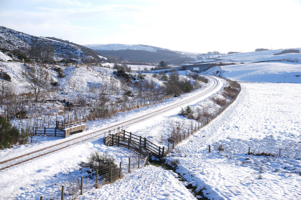 u200bSnowy fields and railway line near Heriot, Scottish Borders