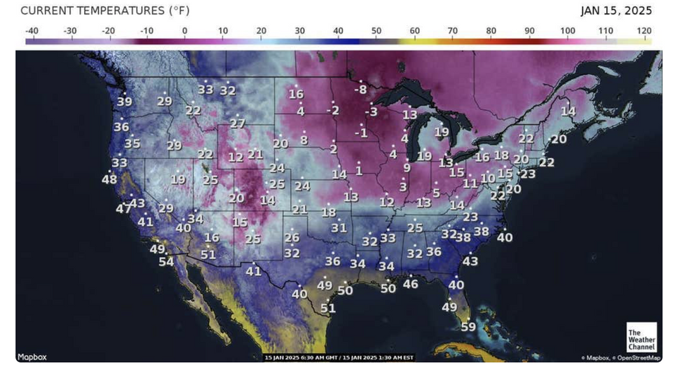 u200bThe Weather Channel map shows current temperatures across US