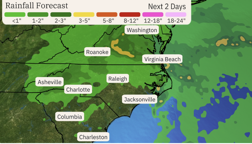 u200bThe Weather Channel map shows rainfall forecast over east coast